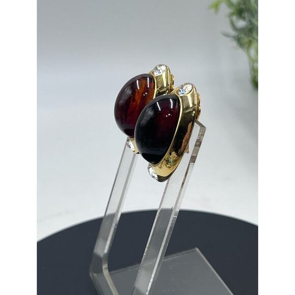 Kenneth Jay Lane Oval Brown Glass Cabochon Vintage Rhinestone Clip Earring‎ - Picture 9 of 16